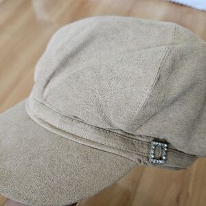 Beige Suede Newsboy Cap with Rhinestone Buckle